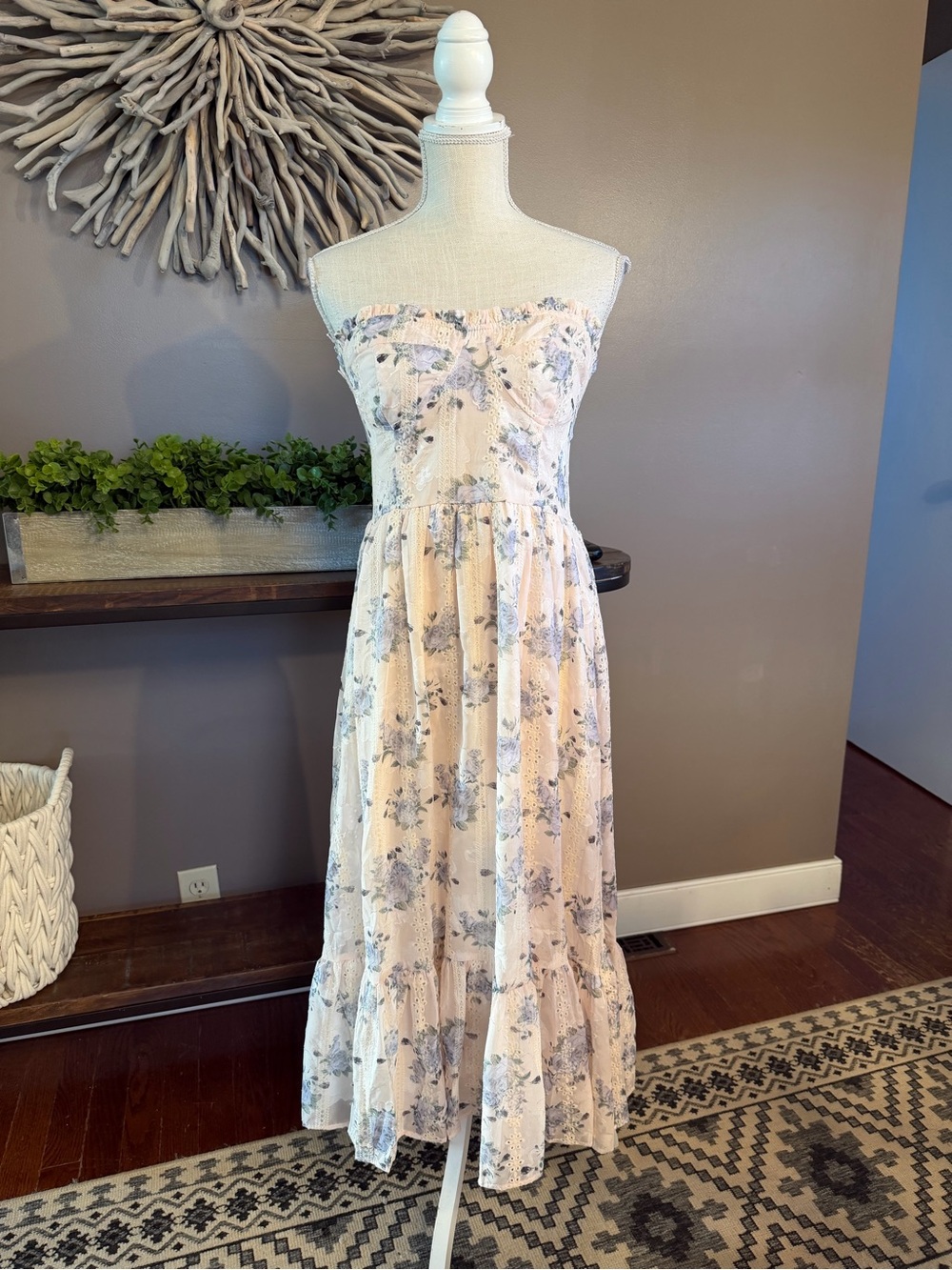 STORIA strapless midi dress in floral print‎ with eyelet detail.
